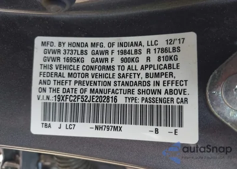 2018 Honda Civic Lx из США, поврежденный, VIN 19XFC2F52JE202816